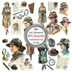 Woman Detective Collection: Watercolor Female Sleuth Illustrations, Mystery and Intrigue, Scrapbooking, Junk Journal Supplies, Commercial
