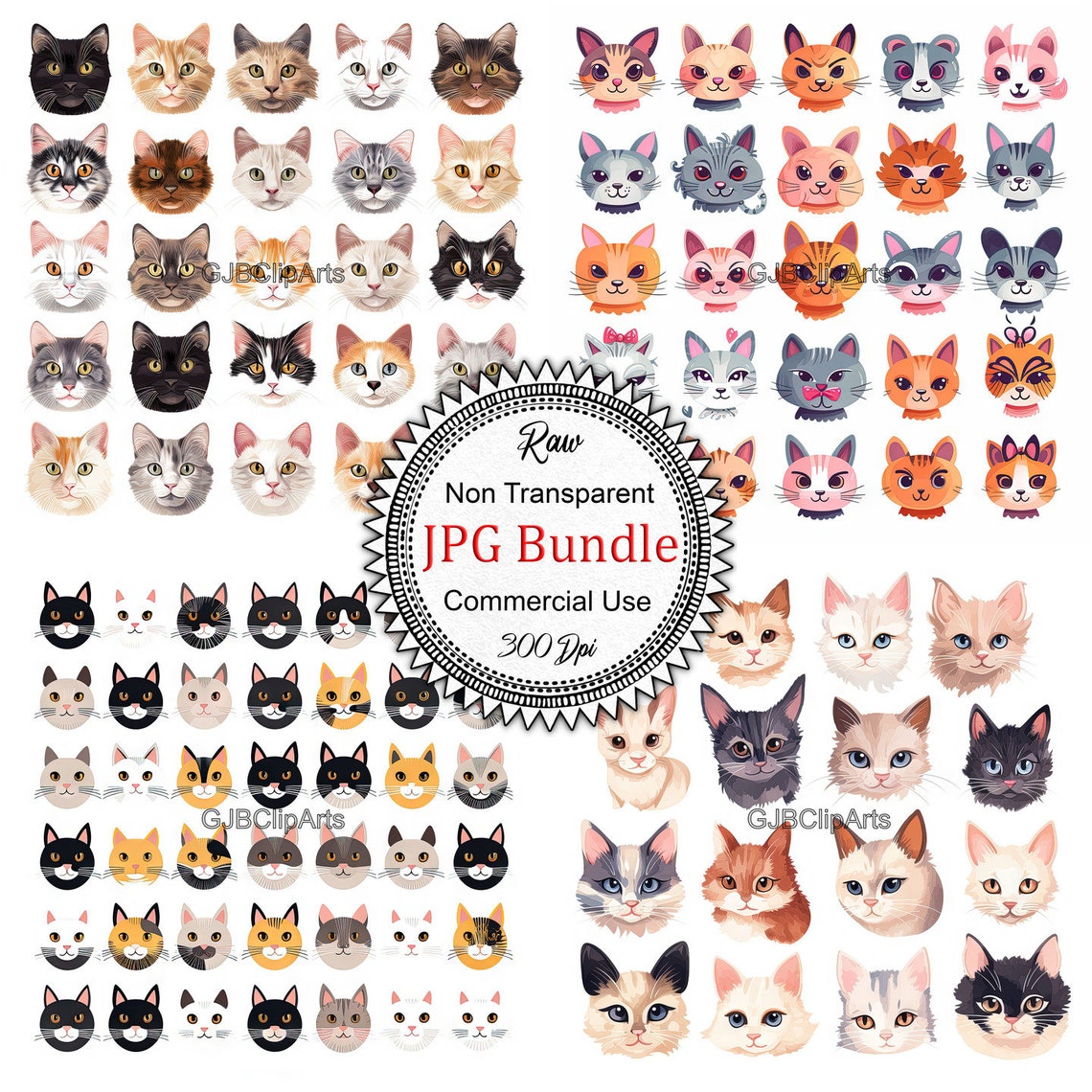 Cat Faces Clipart: Adorable Cat Faces Collection, Digital Stickers ...