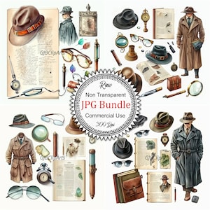 Intriguing Detective Room Collection Clipart: Watercolor Mystery-Themed Elements, High-Quality JPGs, 300 dpi, Storytelling, Game Design