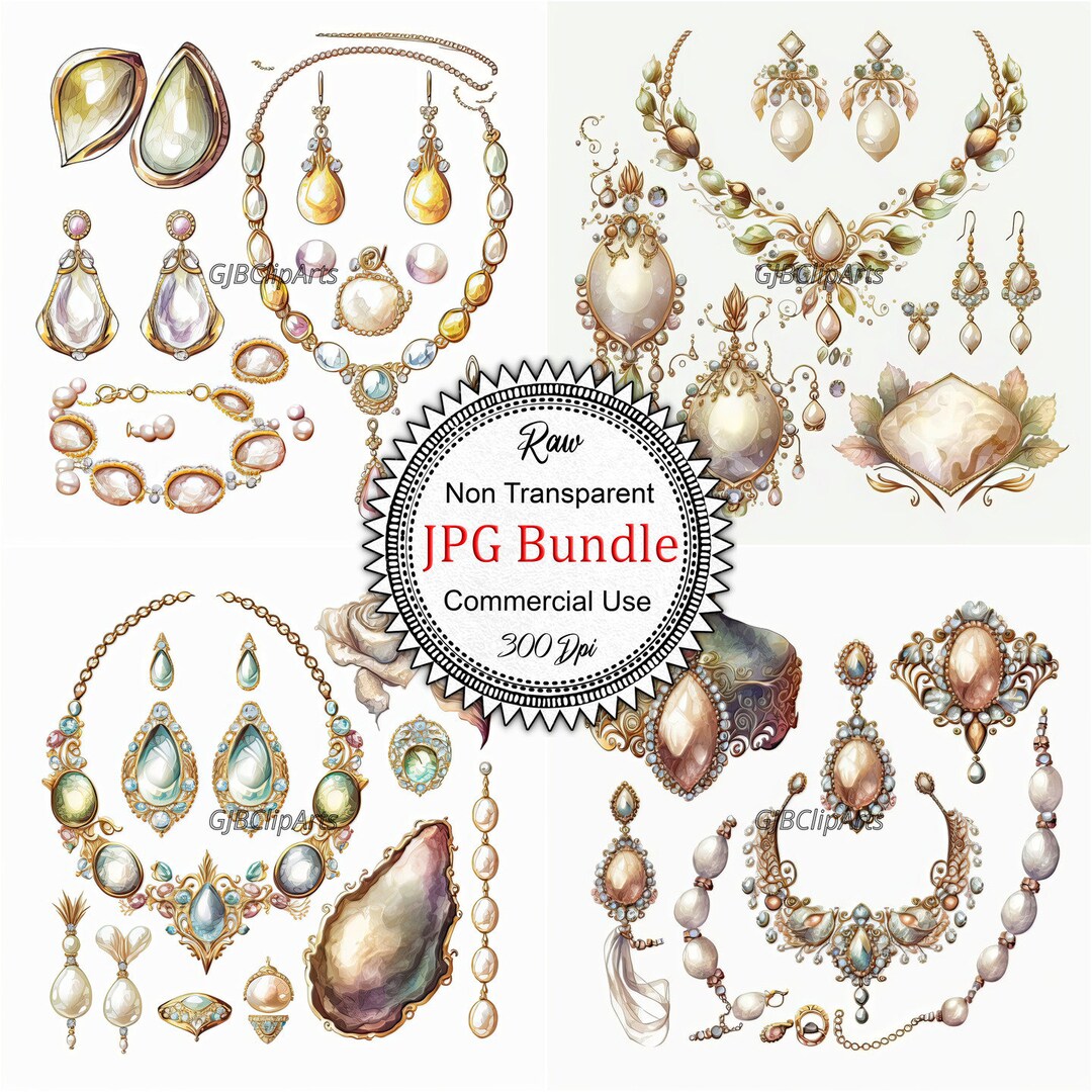 Golden Jewelry Collection Clipart: Watercolor Gemstones and Accessories ...