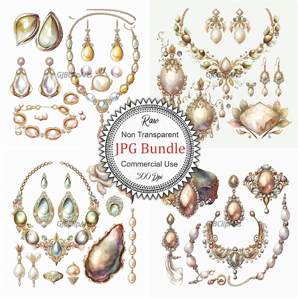 Golden Jewelry Collection Clipart: Watercolor Gemstones and Accessories, High-Quality JPGs, 300 dpi, Fashion, Scrapbooking, Stickers