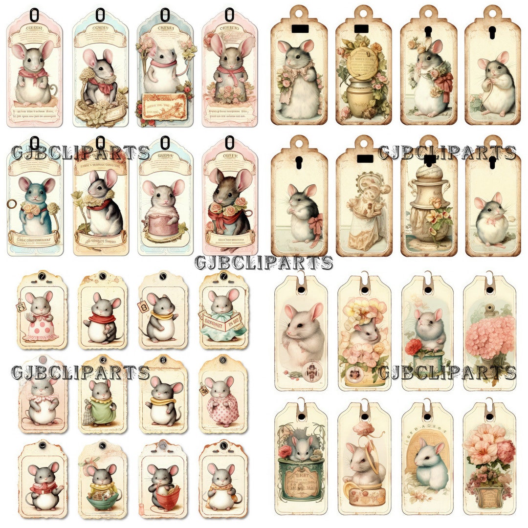 Cute Mice Ornamental Tag Clipart, Beautiful Vintage Tags With Antique ...