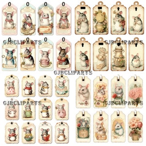 Cute Mice Ornamental Tag Clipart, Beautiful Vintage Tags with Antique Design, Scrapbooking Supplies, Junk Journal Kit Printable