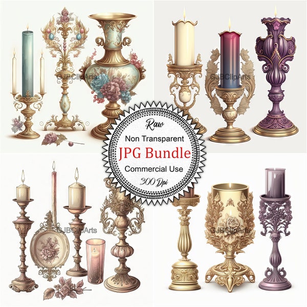 Beautiful Regency Candle Holder Collection: Vintage Tones and Elegant Designs in Exquisite Clipart Illustrations, 300 dpi