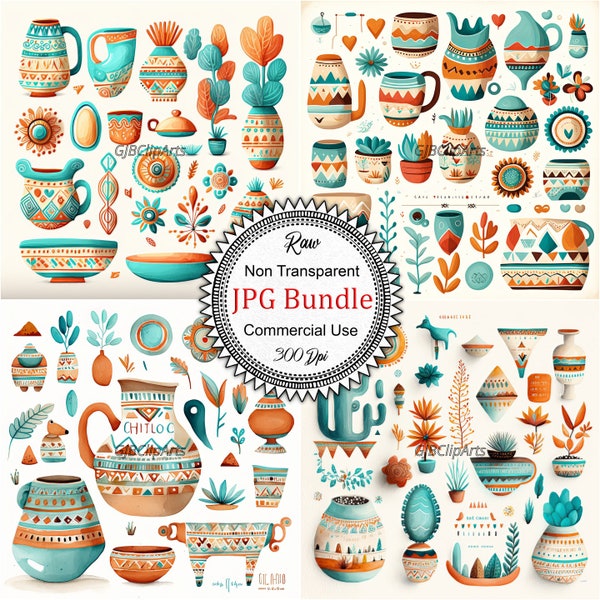 Aztec Pottery Watercolor Clipart: Turquoise, Orange, Cream Designs for Wall Art, Textiles, DIY Projects, Cultural Heritage Inspired Art