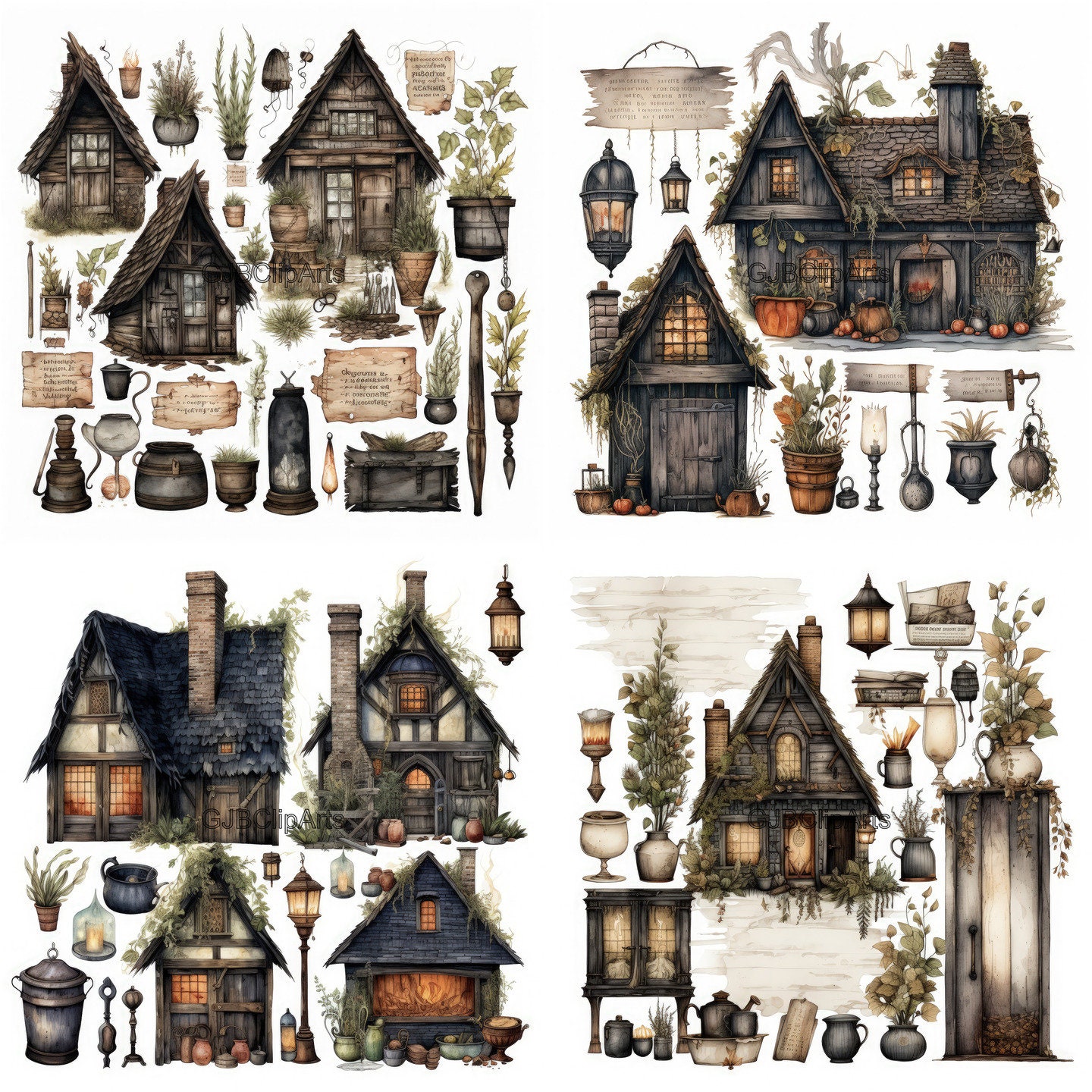 Vintage Witch Houses Junk Journal Kit Clipart ,witch House Clipart ...