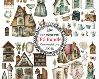 Charming Doll House Elements Collection Clipart: Watercolor Junk Journal Supplies, High-Quality JPGs, 300 dpi, Scrapbooking, Stickers