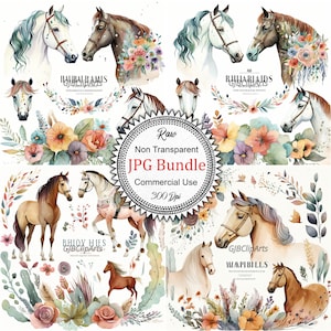 Charming Boho Whimsical Western Horses Watercolor Clip Art Collection, Rustic Equestrian Decor, Greeting Cards, Digital Projects