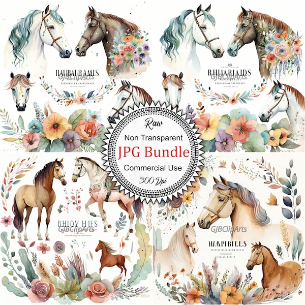 Charming Boho Whimsical Western Horses Watercolor Clip Art Collection, Rustic Equestrian Decor, Greeting Cards, Digital Projects