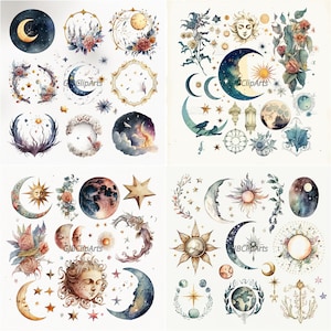 K&ouml;nnte beinhalten: Ein Set mit 10 Aquarell-Illustrationen mit himmlischen und von himmlischen Elementen inspirierten Motiven. Die Illustrationen zeigen Monde, Sterne, Sonnen, Planeten und florale Elemente. Die Illustrationen sind in verschiedenen Farben gemalt, darunter Gold, Blau und Wei&szlig;.