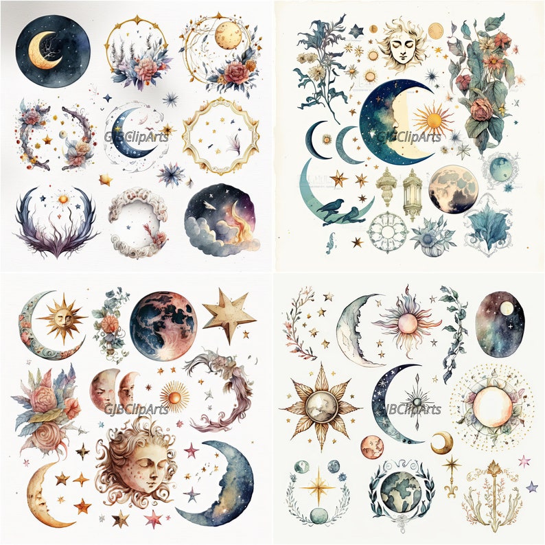 K&ouml;nnte beinhalten: Ein Set mit 10 Aquarell-Illustrationen mit himmlischen und von himmlischen Elementen inspirierten Motiven. Die Illustrationen zeigen Monde, Sterne, Sonnen, Planeten und florale Elemente. Die Illustrationen sind in verschiedenen Farben gemalt, darunter Gold, Blau und Wei&szlig;.