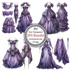 Violet Gothic Princess Clothes Clipart, Violet and Gray Clothes Clipart, Journaling Sticker Packs,Journaling Case,purple princes dress