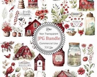 Rustic Red Farmhouse Decor Clipart: Watercolor Home Elements, Scrapbooking, Junk Journal Supplies, Commercial Use, Farmhouse, Watercolor
