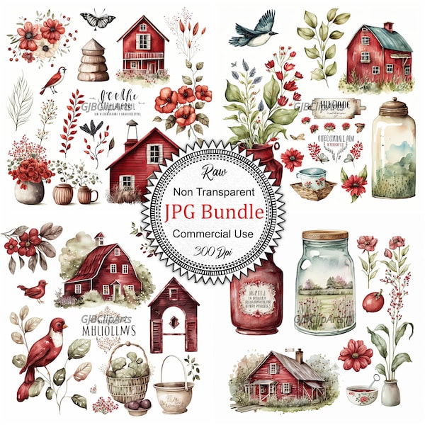 Rustic Red Farmhouse Decor Clipart: Watercolor Home Elements, Scrapbooking, Junk Journal Supplies, Commercial Use, Farmhouse, Watercolor