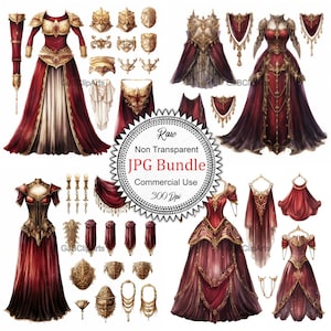 Vintage Maroon and Gold Gothic Princess Clothes Clipart, Maroon and Gold Clothes Clipart, Journaling Sticker Packs, , Journaling Planner