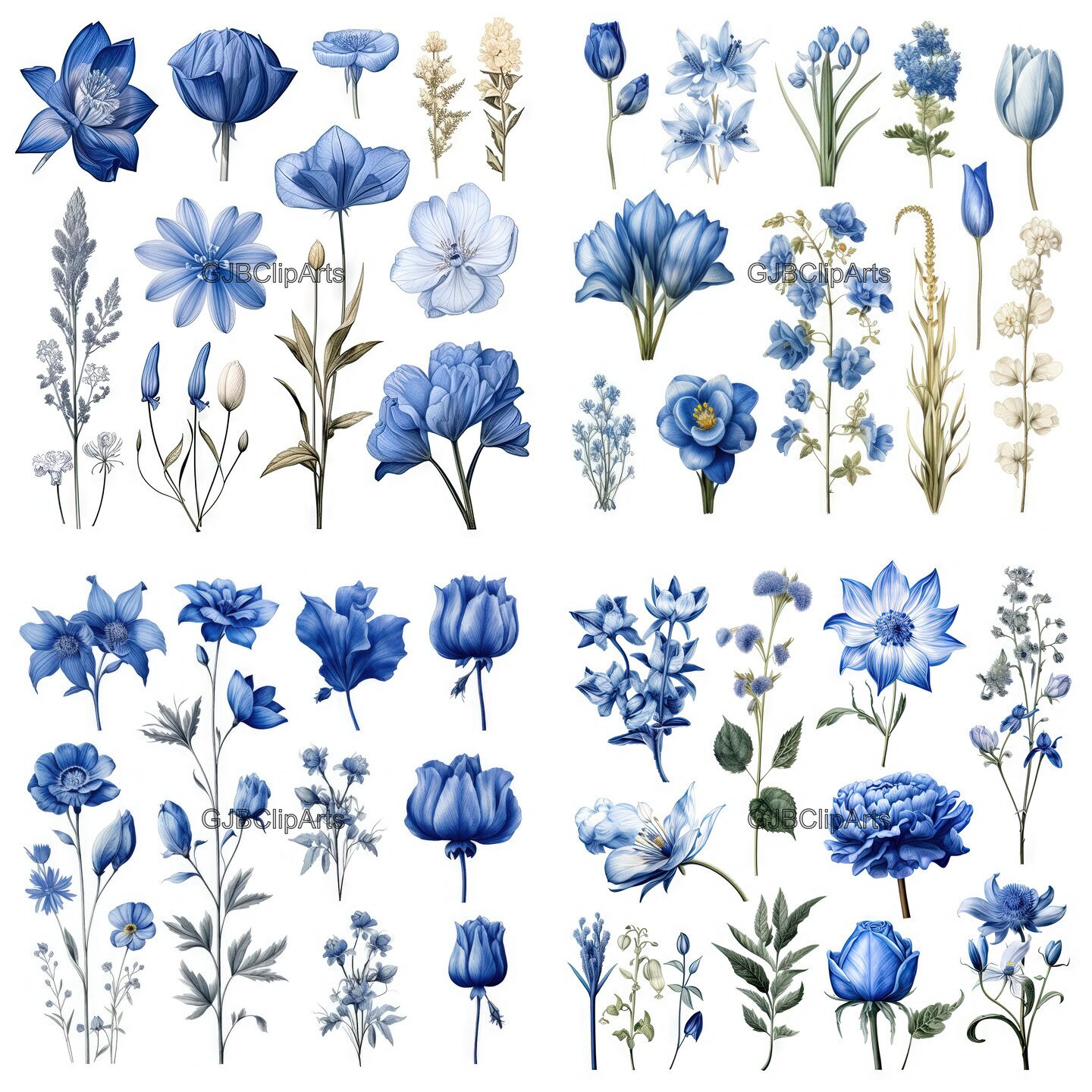 Blue Dutch Flowers Clipart, Tulip Clipart, Windmill Clipart, Journaling ...