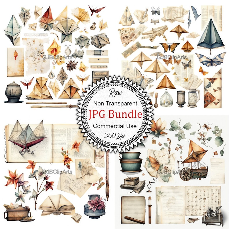 Vintage Origami Junk Journal Kit Clipart, Paper Crane Clipart Origami ...