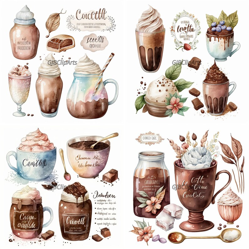 Warm and Cozy Hot Cocoa Collection Clipart: Watercolor Winter Beverages