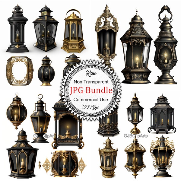 Dark Academia Vintage Black and Gold Lantern Collection: Elegant and Atmospheric Clipart Illustrations Capturing the Essence of the Genre