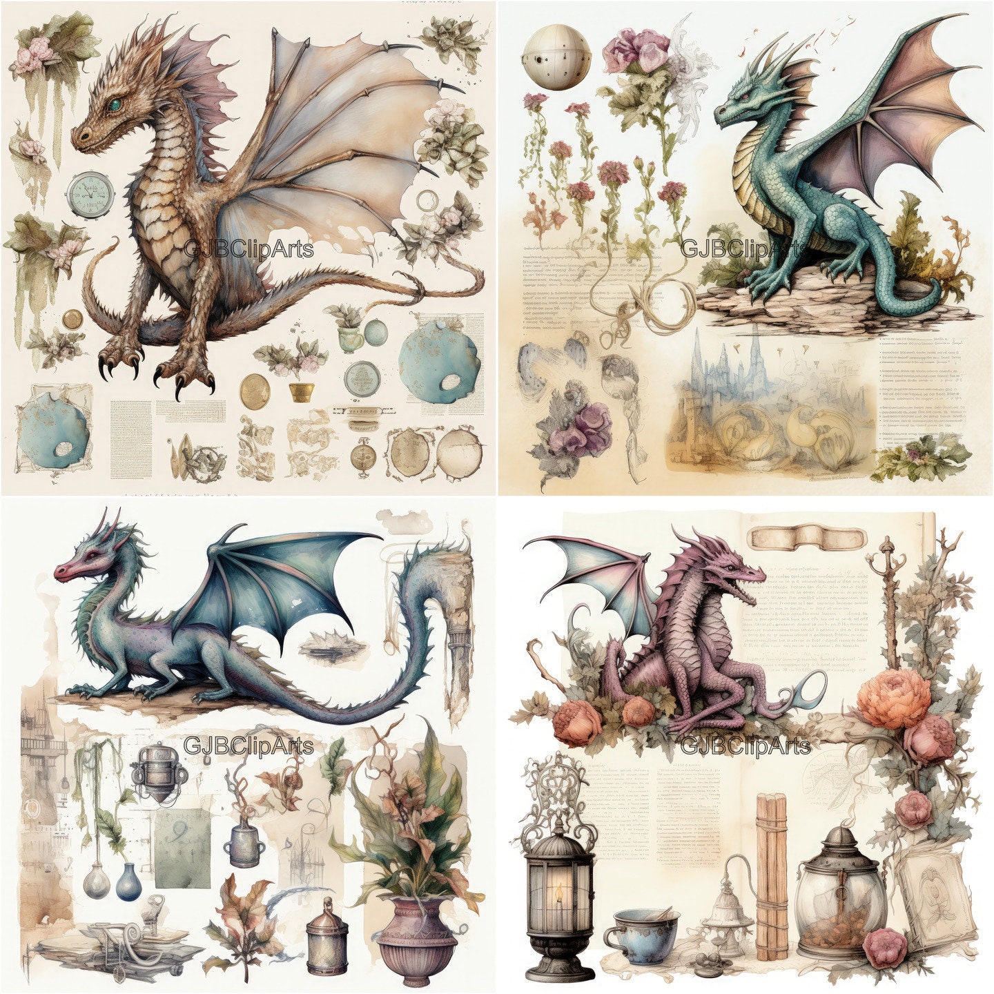 Vintage Shabby Dragon Junk Journal Kit Clipart, Dragon Clipart Castle ...