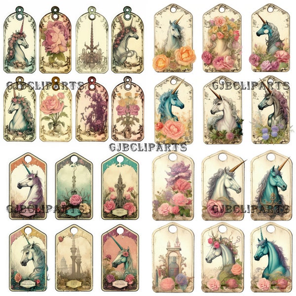 Unicorns Ornamental Tag Clipart, Beautiful Vintage Tags with Antique Design, Junk Journal Template, Scrapbooking Supplies, Scrapbooking