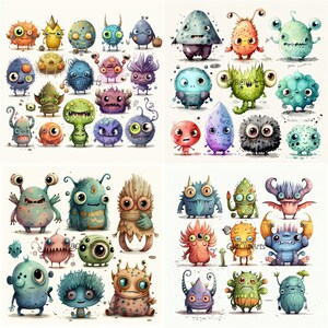 May include: A colorful illustration of various cartoon monsters with different expressions and colors. The monsters are drawn in a whimsical style with bright colors and playful details.