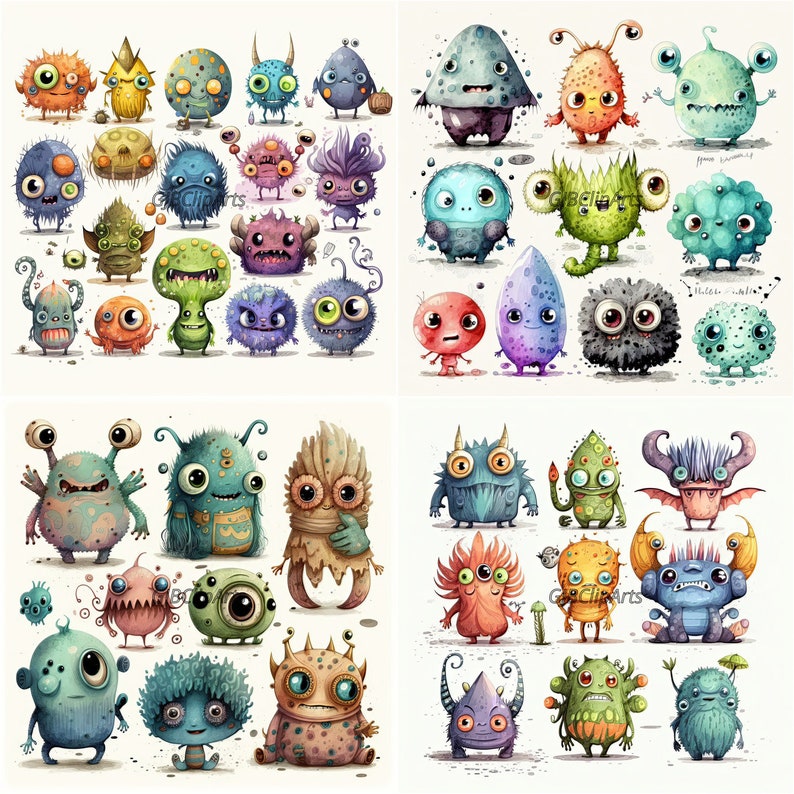 May include: A colorful illustration of various cartoon monsters with different expressions and colors. The monsters are drawn in a whimsical style with bright colors and playful details.