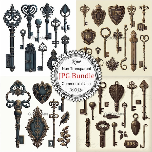 Vintage Key Clipart, Dark Academia Vintage Key Collection: Mystical and Intricate Clipart Illustrations of Antique Keys, 300 dpi