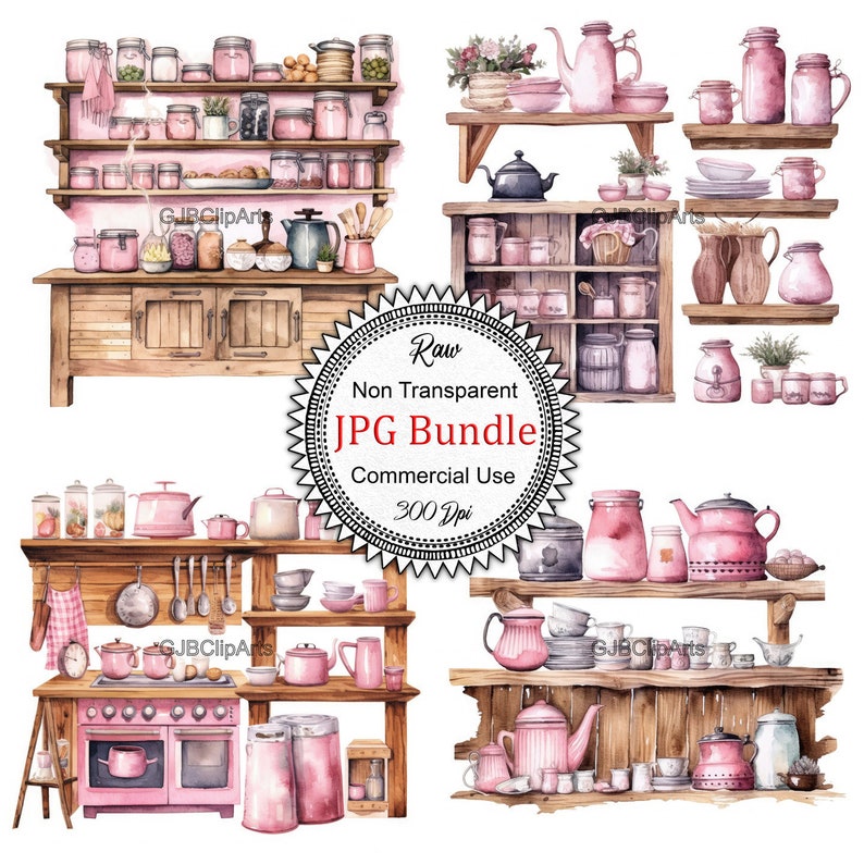 Pink Watercolor Cottage Kitchen Clipart, Magical Countryside Clipart ...