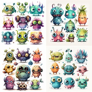 May include: A collection of 36 colorful cartoon monsters with various expressions and features. The monsters are drawn in a whimsical style with bright colors and playful details.