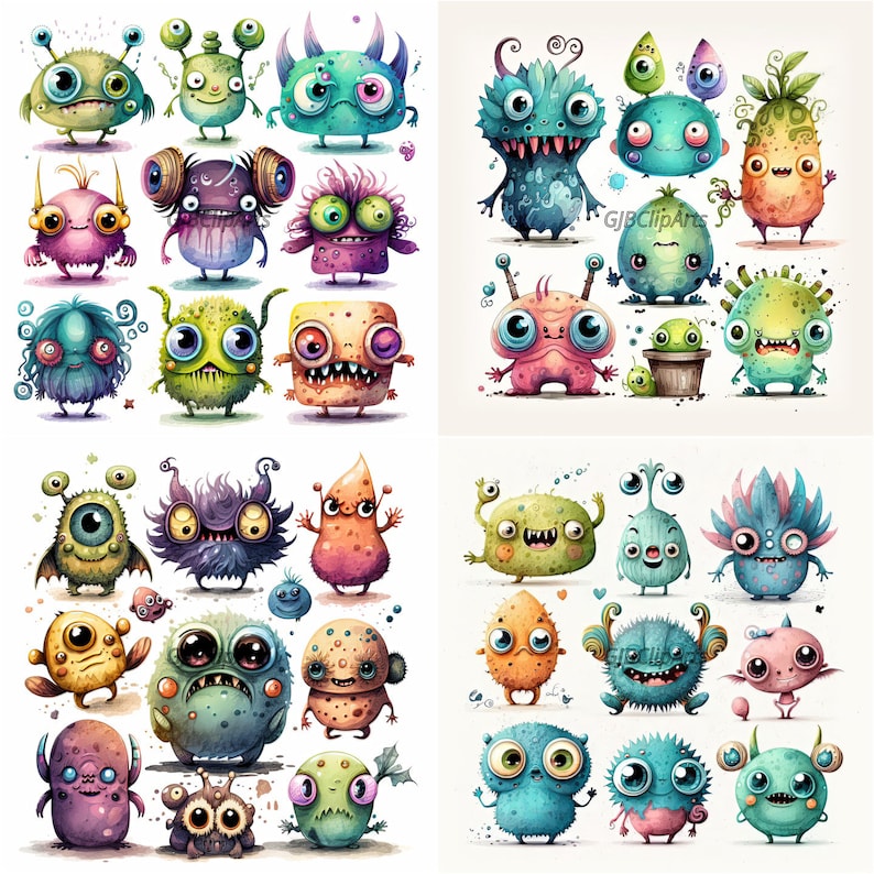 May include: A collection of 36 colorful cartoon monsters with various expressions and features. The monsters are drawn in a whimsical style with bright colors and playful details.