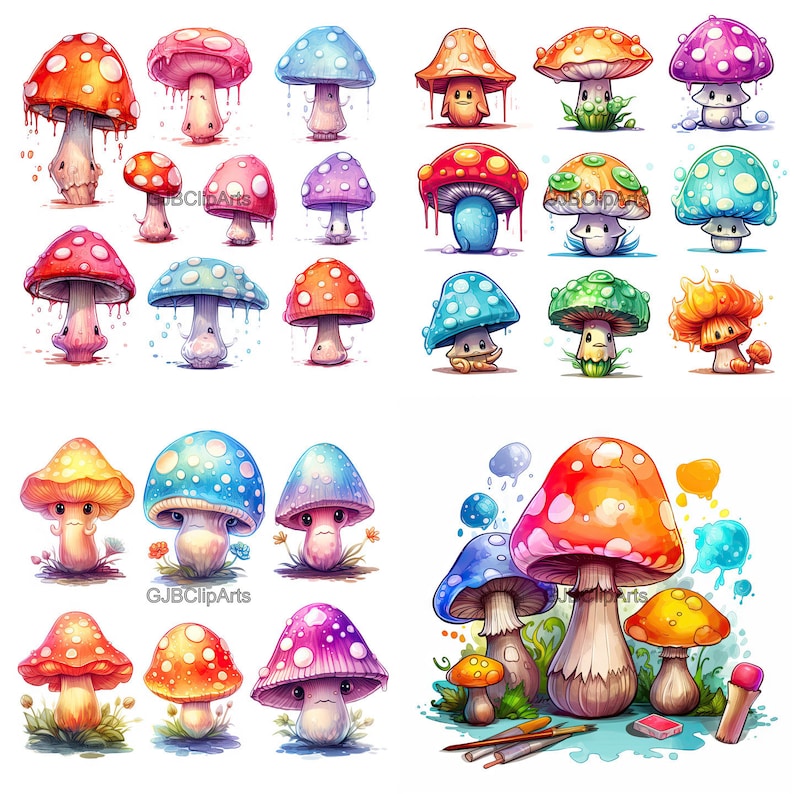 Mushroom Clipart Paint Splash Metallic Colors Kawaii - Etsy