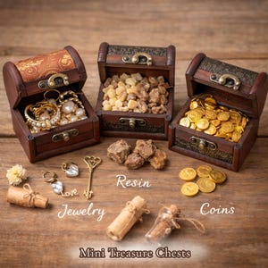 May include: Three small, open wooden treasure chests filled with jewelry, resin, and gold coins. Additional jewelry, a key, and small scrolls are arranged around the chests. The text "Mini Treasure Chests" is at the bottom.