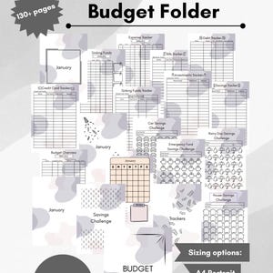 Puede incluir: Carpeta de presupuesto digital con varios rastreadores financieros, incluidos rastreadores de gastos, deudas y ahorros. El diseño incluye un calendario y desafíos de ahorro. Texto: "Printable and Digital Budget Folder". Disponible en A4, A5 y US Letter.