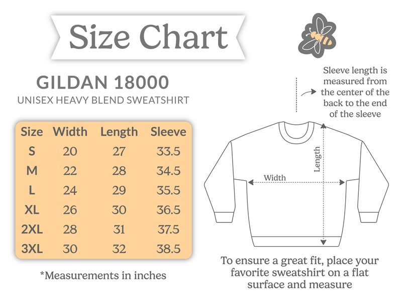 A size chart for the Gildan 18000 sweatshirt.