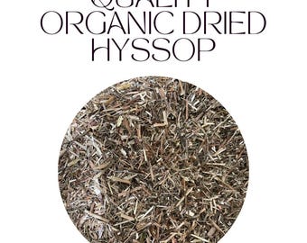 May include: A white background with the text "BOOK OF REMEDY" at the top. Below, the text "QUALITY ORGANIC DRIED HYSSOP" is displayed. A circular image of dried hyssop is in the center. The text "KOSHER ORGANIC DRIED HYSSOP" is at the bottom.