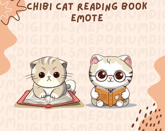 Emote de livre de lecture de chat Chibi, Emote de chat Chibi mignon, Emote de chat Kitty, Emote de ver de livre, Emote de flux Twitch, Emote de discorde, Emote de flux de coup de pied
