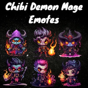 May include: Six different animated emotes featuring a chibi demon mage with purple, blue, and red colors. The emotes are in a grid format with three rows and two columns. The emotes are all in different poses and expressions.