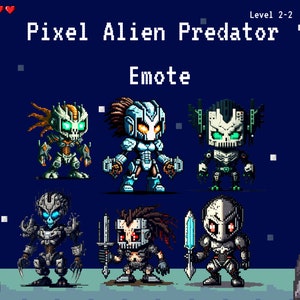 Op de afbeelding: Gepixelde alien-karakters in een videogame met de titel "Pixel Alien Predator - Emote" en de tekst "Level 2-2 Score 100".