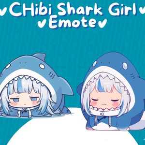 May include: Two cartoon shark girl emotes with white hair and blue eyes. Both are wearing blue shark hoodies with white teeth and a white belly. The shark girl on the left is looking down with a sad expression. The shark girl on the right is looking down with a happy expression.