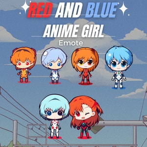 May include: Six cartoon anime girl characters with different expressions. The characters are in a chibi style and are wearing different colored outfits. The text "RED AND BLUE ANIME GIRL Emote" is at the top of the image.
