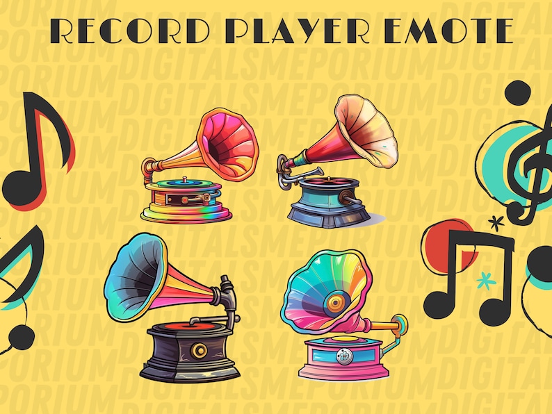 May include: Four colorful vintage record players with a rainbow color scheme. The record players are on a yellow background with musical notes and the text "RECORD PLAYER EMOTE" at the top.