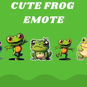 Puede incluir: Cinco emojis de rana de dibujos animados con diferentes expresiones. Las ranas son verdes con ojos negros y pupilas blancas. Las ranas están sobre un fondo verde con el texto "CUTE FROG EMOTE" encima de ellas.