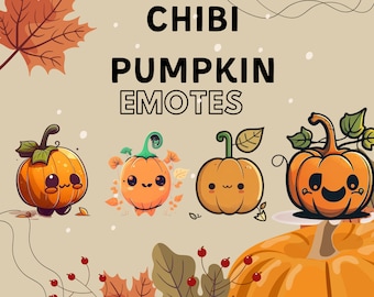 May include: Four cute cartoon pumpkin emotes with different facial expressions. The emotes are in a row against a light brown background with fall leaves and berries. The text "CHIBI PUMPKIN EMOTES" is at the top of the image.