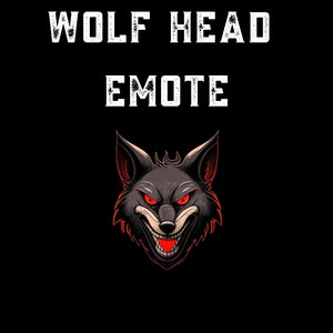 Pode incluir: Um emoji de cabeça de lobo preto e cinza com olhos vermelhos e uma boca rosnando. O texto "WOLF HEAD EMOTE" está acima da cabeça do lobo.