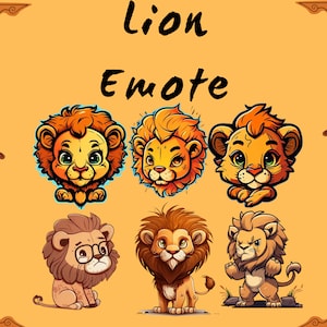 Könnte beinhalten: Eine digitale Illustration von sechs Cartoon-Löwen mit verschiedenen Gesichtsausdrücken. Die Löwen sind alle in verschiedenen Posen, einschließlich Sitzen, Stehen und Wütend aussehen. Der Hintergrund ist hellorange mit einem braunen Rand.