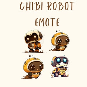 May include: Four different cartoon robot emotes with yellow and brown bodies and black eyes. The robots are in various poses, including walking, standing, and waving.