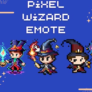 Puede incluir: Tres magos de arte de píxeles con sombreros y varitas de colores diferentes. Los magos lanzan hechizos con magia azul, roja y morada.