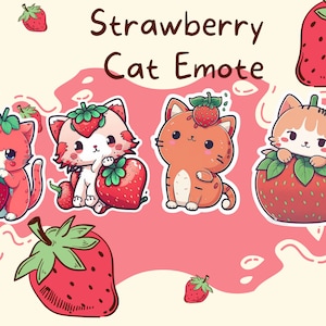 Chibi Strawberry Cat Emote Collection Twitch & Discord | Channel Points, Streamer, Emoji, Cute, Stream, Chat, Animal, Pet, Kitty, Strawberry