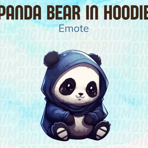 May include: A cartoon panda bear wearing a blue hoodie. The panda is sitting with its legs crossed and has a cute expression on its face. The background is a light blue with a repeating pattern of the word "PORIUMDIGITAL".